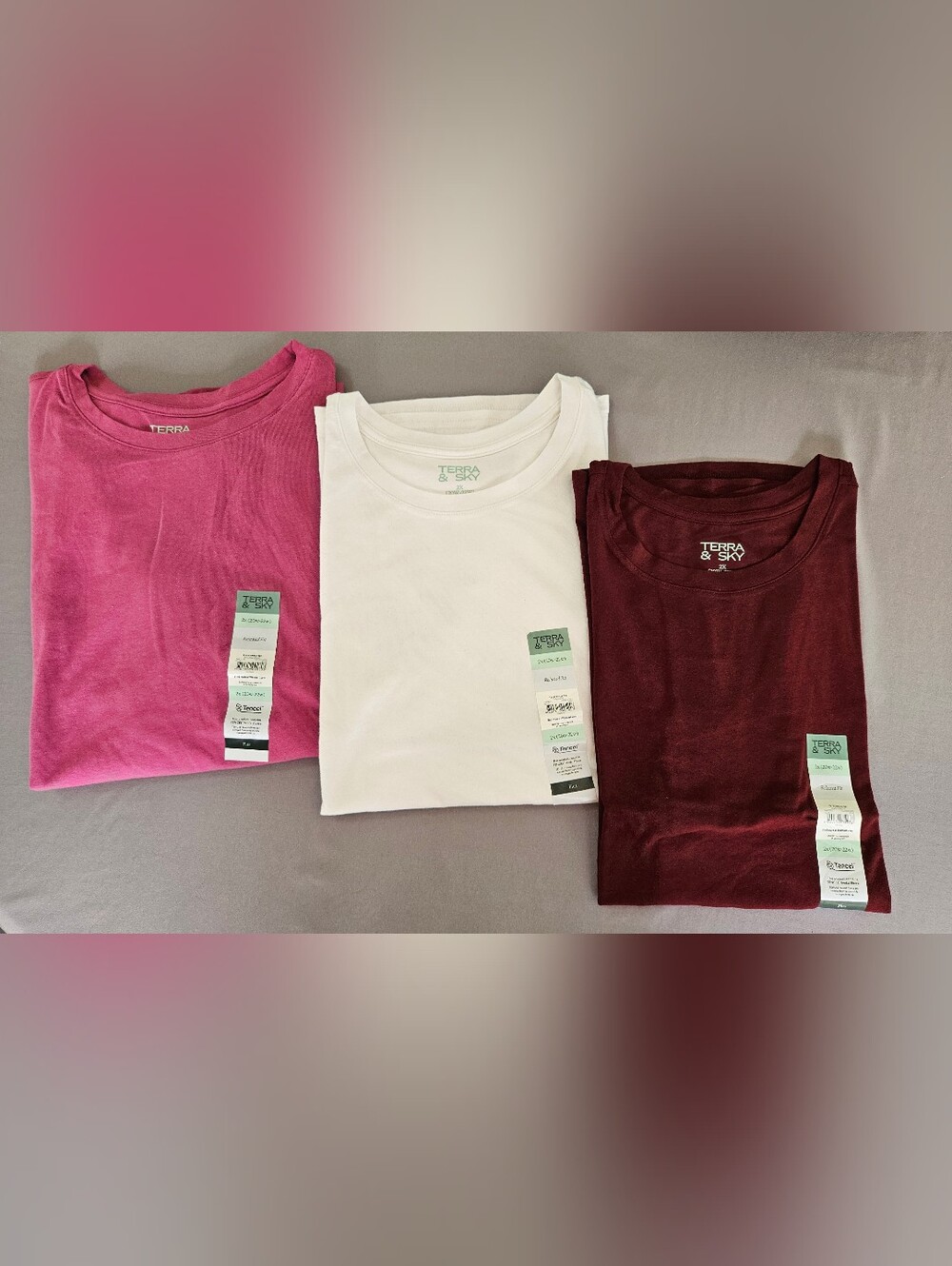 Terra & Sky Women's Plus 2X Crewneck Tee Lot of 3 - Mauve/White/Crimson - NWT